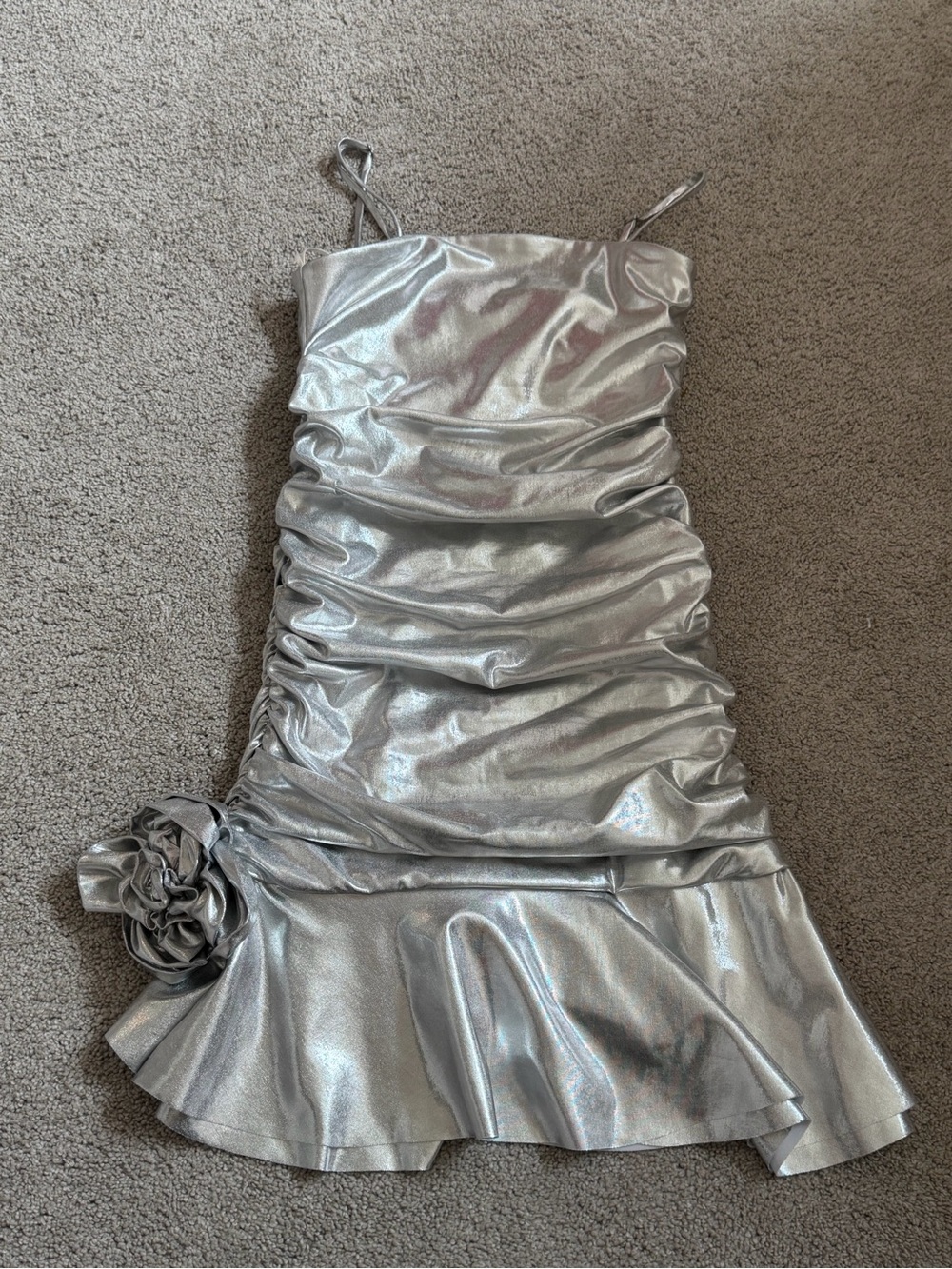 Theme Silver Metallic Ruched Girls' Party Dress with Rose